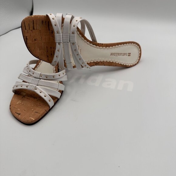 Naturalizer Sana White Strappy Sandal Heels With Cork Sole Studded Detail - Picture 5 of 14
